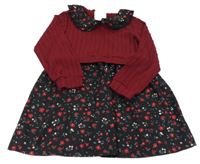 Vínovo-čierne šaty s kvetinami a golierikom Shein