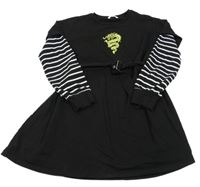 Čierno-pruhované bavlnené šaty s drakom a opaskom Shein