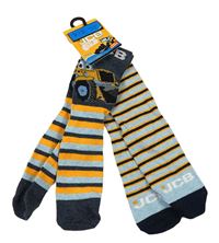 Nové - 2x ponožky - tmavomodro-modro-žlté pruhované ponožky s bagrem + pruhované JCB