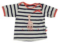 Bílo-tmavomodré pruhované UV tričko s žirafou a mašlí