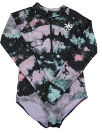 Černo-lila-tyrkysové batikované UV plavky s palmami H&M