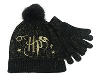 Nové - 2 set - čierna trblietavá zateplená čapica s bambulí + prstové pletené rukavice - Harry Potter zn. Matalan