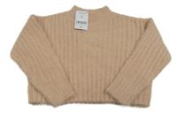 Ružový rebrovaný crop chlpatý sveter Next