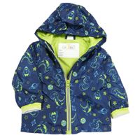 Tmavomodrá šušťáková jarná bunda s diny a vesmírom a kapucňou