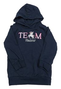 Tmavomodrá mikina s nápisem a jednorožcem a kapucí 