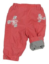 Růžové šusťákové zateplené kalhoty s květy 