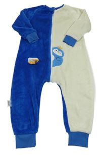 Modro-bílý plyšový domácí overal s tučňákem 