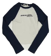 Bielo-tmavomodré rebrované crop tričko s nápisom H&M