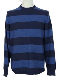 Pánsky modro-tmavomodrý pruhovaný vlnený sveter F&F