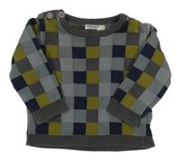 Sivo-tmavomodro-olivový kockovaný sveter