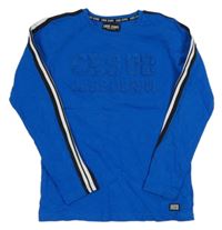 Modré tričko s 3D nápisom a proužkem Cars jeans