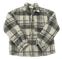 Khaki-smetanová kostkovaná huňatá zateplená bunda ZARA