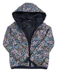 Tmavomodrá květovaná šusťáková lehká zateplená bunda s kapucí Primark