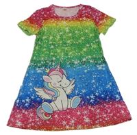 Ružovo-zeleno-modré šaty s jednorožcom a hviezdičkami