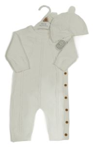 Nové - 2set - Bílý pletený overal s knoflíčky + čepice Nutmeg