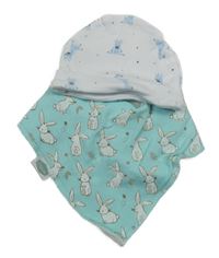 2set - bílá čepice s žirafami + světlemodrý slinták se zajíčky 