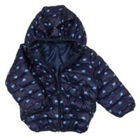 Tmavomodrá šusťáková prošívaná zateplená bunda se slony a kapucí 