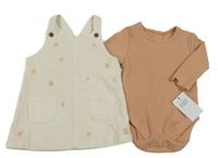 Nové - 2Set - Smetanové manšestrové šaty s květy + žebrované body George