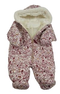 Světlerůžová šusťáková prošívaná zimní kombinéza s kytičkami a kapucí Nutmeg