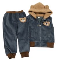 2set - Tmavošedo-béžová zamatová vesta s kapucí + tepláky s medvedíkom