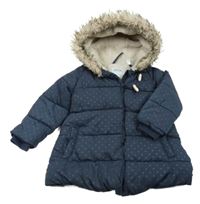 Tmavomodrý šusťákový prošívaný zimní kabát s puntíky a kapucí Obaibi