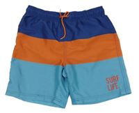 Modro-oranžovo-tmavomodré plážové kraťasy s nápisem Alive