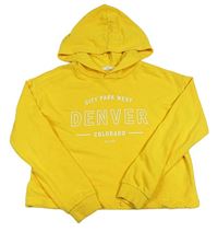 Tmavožltá crop mikina s nápismi a kapucňou H&M