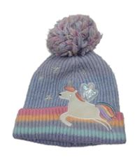 Světlefialovo/světlemodrá žebrovaná čepice s jednorožcem a bambulí George