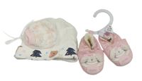 Nové - světlerůžové plyšové bačkory s čumáčkem orsolino vel. 16 + čepice s obrázky + rukavice 