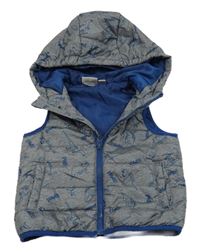 Šedá melírovaná prošívaná šusťáková zateplená vesta s dinosaury a kapucí impidimpi