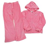2Set - Růžová plyšová propínací mikina se srdíčky z kamínků a kapucí + kalhoty dopodopo