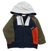 Tmavomodro-bílo-červeno-hnědá propínací teplá mikina s kapucí HUGO BOSS