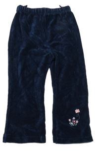 Tmavomodré rebrované zamatové tepláky s kvietkami a motýlkom C&A