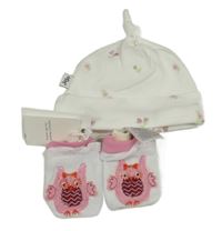 Nové - 2Set - Bílá čepice s kytičkami Jojo Maman Bébé + bílo/růžové sametové rukavice se sovičkou Pumpkin Patch
