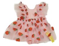 Nové - svetloružové šaty s tylem s jahůdkami a volánikmi a všitým body SHEIN