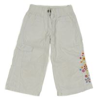 Bílé capri plátěné kalhoty s kytičkami a kapsou a úpletovým pasem Topolino