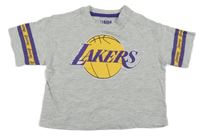 Svetlosivé melírované tričko s loptou a nápisem - LAKERS a pruhmi PRIMARK