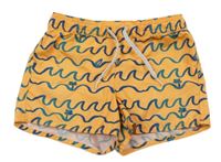 Oranžovo-tmavomodro/modrozelené plážové kraťasy s vlnkami a palmami