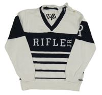 Bielo-tmavomodrý sveter s logom a pruhmi Rifle