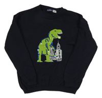 Tmavomodrý sveter s dinosaurem z flitrů lupilu