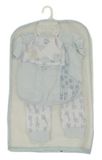 Nové - 4Set - Světlemodré tričko se žirafou + bílo/světlemodré žebrované tepláky + čepice + ponožky PURE&SOFt
