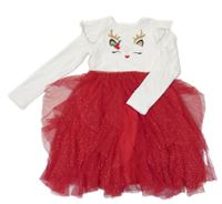 Bielo-červené žebrovano/tylové šaty so sobom s flitrami a zlatými bodky a volánikmi PRIMARK