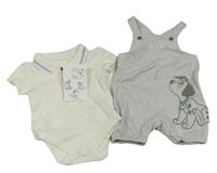 2set - Šedo-bílé pruhované laclové kraťasy s dalmatinem + bílé polo body Disney