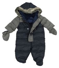 Tmavomodro-sivá melírovaná šušťáková zimná kombinéza s kapucí + rukavice zn. Mothercare