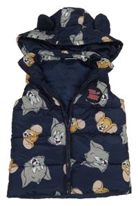 Tmavomodrá šušťáková zateplená vesta s Tomem s Jerrym a kapucňou