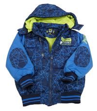 Tmavomodro-modrá šušťáková zimná bunda so vzorom a kapucňou Kiki&Koko