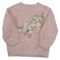 Růžový chlupatý svetr s jednorožcem z flitrů F&F