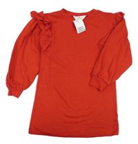 Nové - Červené teplákové šaty s volániky s madeirou H&M