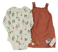 Nové - 2 set - bílé body s ptáčky + starorůžové manšestrové šaty M&S