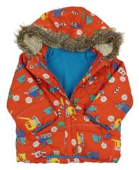 Červená šušťáková zimná bunda s autami a kapucňou Mothercare